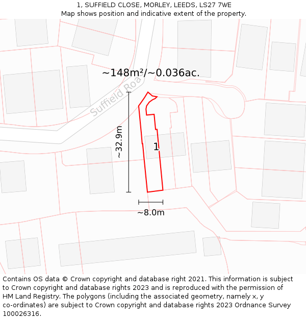 1, SUFFIELD CLOSE, MORLEY, LEEDS, LS27 7WE: Plot and title map