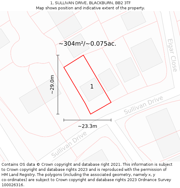 1, SULLIVAN DRIVE, BLACKBURN, BB2 3TF: Plot and title map