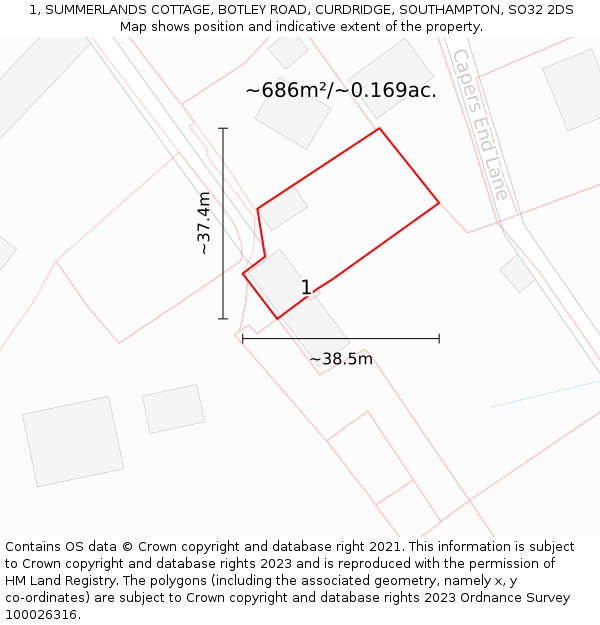 1, SUMMERLANDS COTTAGE, BOTLEY ROAD, CURDRIDGE, SOUTHAMPTON, SO32 2DS: Plot and title map