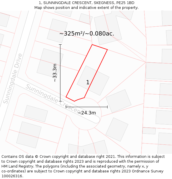 1, SUNNINGDALE CRESCENT, SKEGNESS, PE25 1BD: Plot and title map