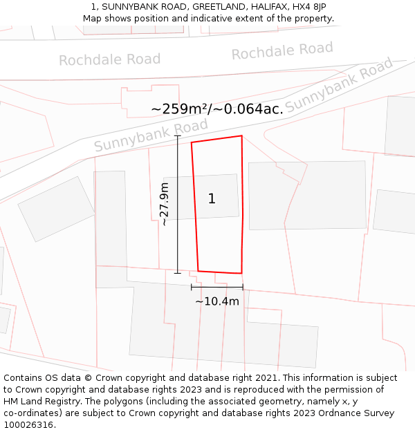 1, SUNNYBANK ROAD, GREETLAND, HALIFAX, HX4 8JP: Plot and title map