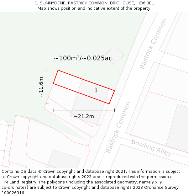 1, SUNNYDENE, RASTRICK COMMON, BRIGHOUSE, HD6 3EL: Plot and title map