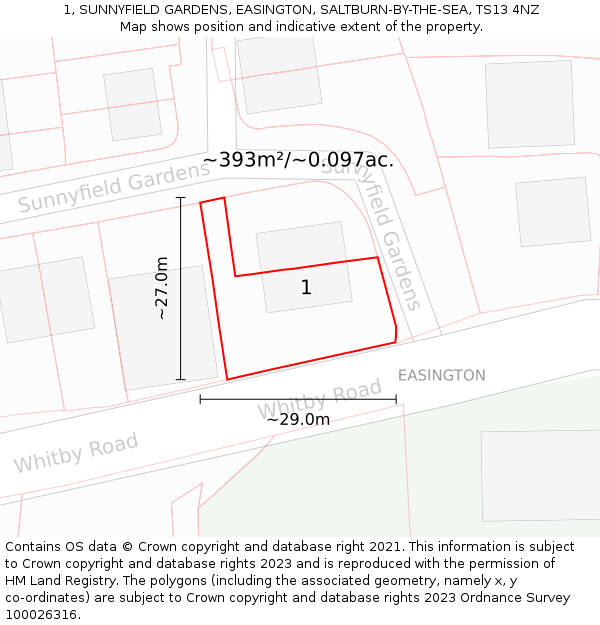 1, SUNNYFIELD GARDENS, EASINGTON, SALTBURN-BY-THE-SEA, TS13 4NZ: Plot and title map