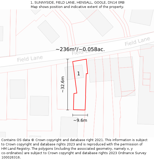 1, SUNNYSIDE, FIELD LANE, HENSALL, GOOLE, DN14 0RB: Plot and title map