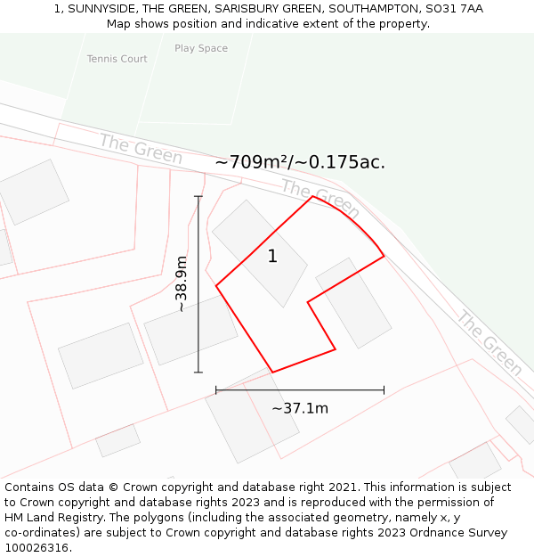 1, SUNNYSIDE, THE GREEN, SARISBURY GREEN, SOUTHAMPTON, SO31 7AA: Plot and title map