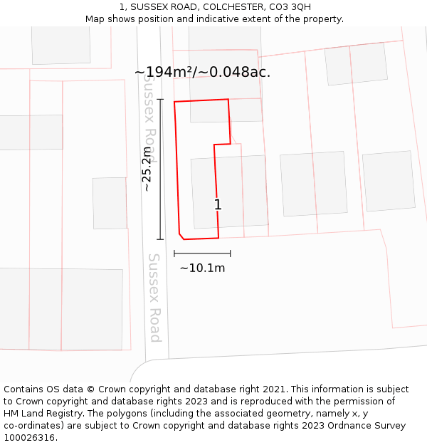 1, SUSSEX ROAD, COLCHESTER, CO3 3QH: Plot and title map