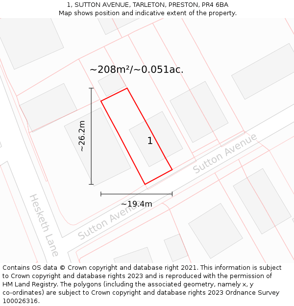 1, SUTTON AVENUE, TARLETON, PRESTON, PR4 6BA: Plot and title map