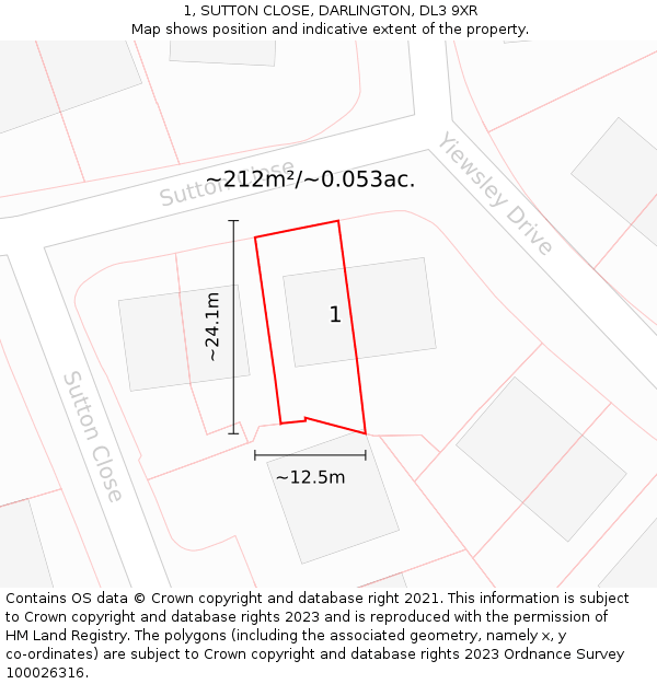 1, SUTTON CLOSE, DARLINGTON, DL3 9XR: Plot and title map