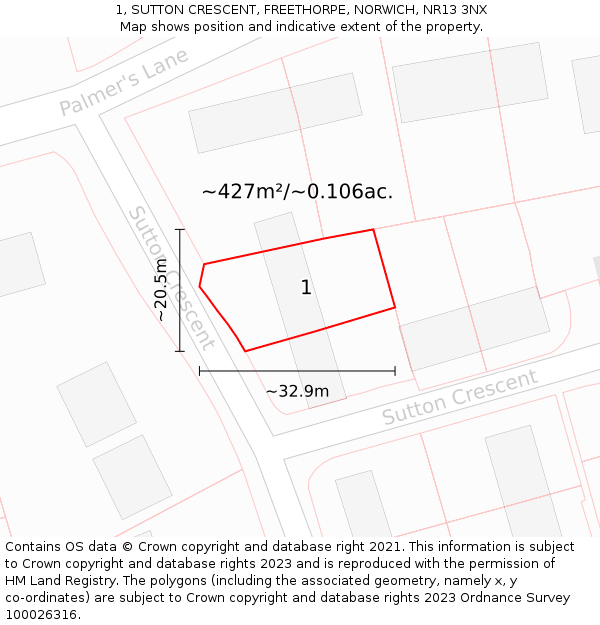 1, SUTTON CRESCENT, FREETHORPE, NORWICH, NR13 3NX: Plot and title map