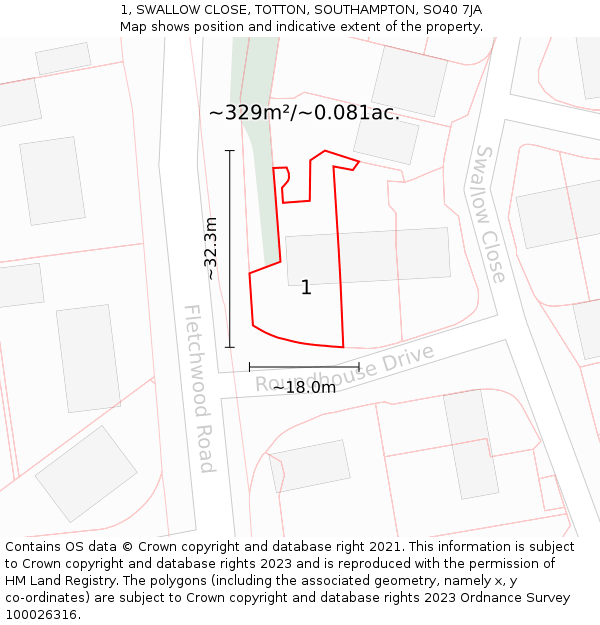 1, SWALLOW CLOSE, TOTTON, SOUTHAMPTON, SO40 7JA: Plot and title map