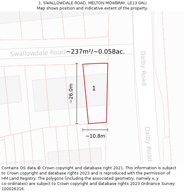 1, SWALLOWDALE ROAD, MELTON MOWBRAY, LE13 0AU: Plot and title map