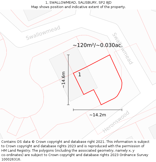 1, SWALLOWMEAD, SALISBURY, SP2 8JD: Plot and title map