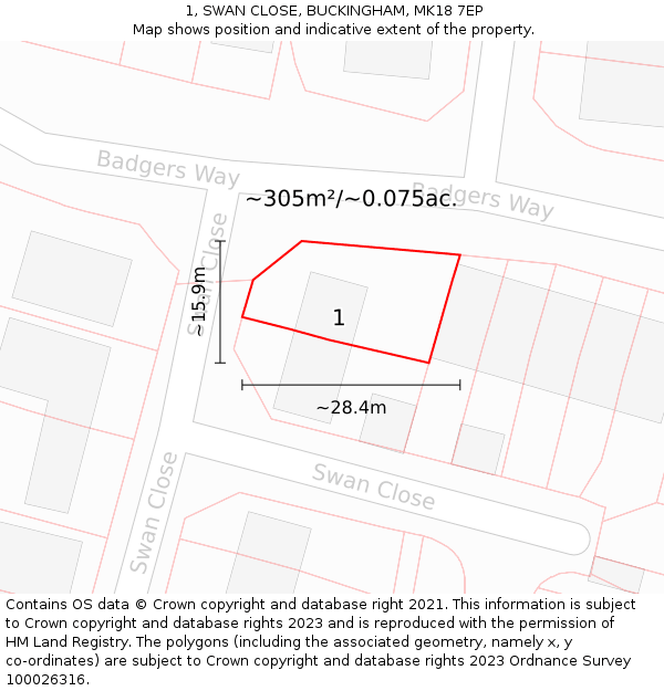1, SWAN CLOSE, BUCKINGHAM, MK18 7EP: Plot and title map
