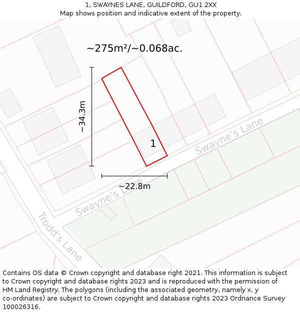 1, SWAYNES LANE, GUILDFORD, GU1 2XX: Plot and title map