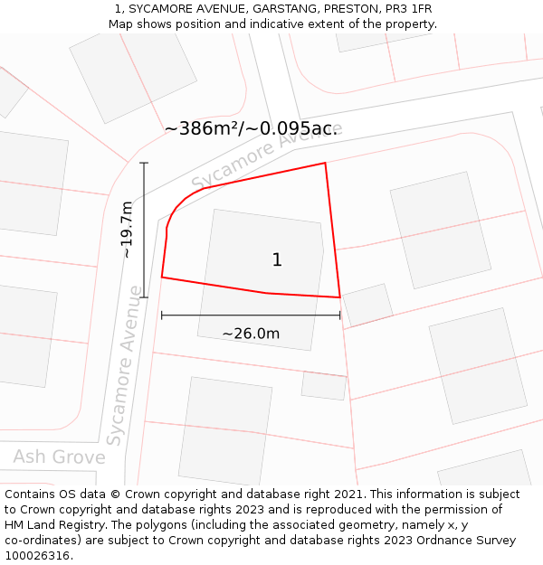 1, SYCAMORE AVENUE, GARSTANG, PRESTON, PR3 1FR: Plot and title map