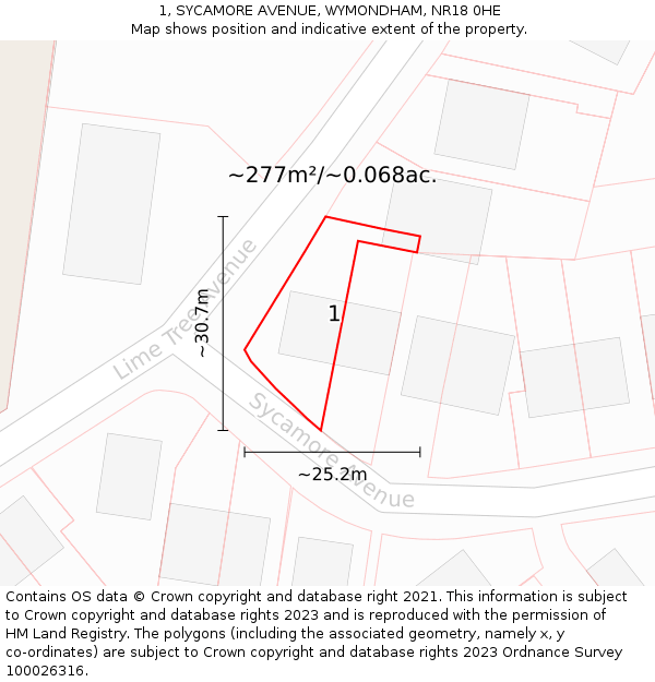 1, SYCAMORE AVENUE, WYMONDHAM, NR18 0HE: Plot and title map