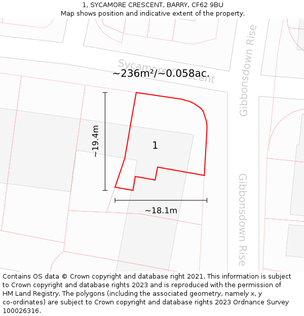 1, SYCAMORE CRESCENT, BARRY, CF62 9BU: Plot and title map