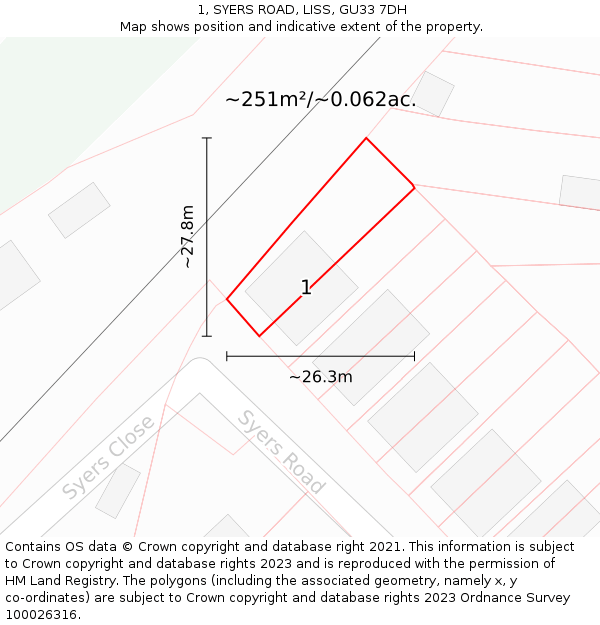 1, SYERS ROAD, LISS, GU33 7DH: Plot and title map