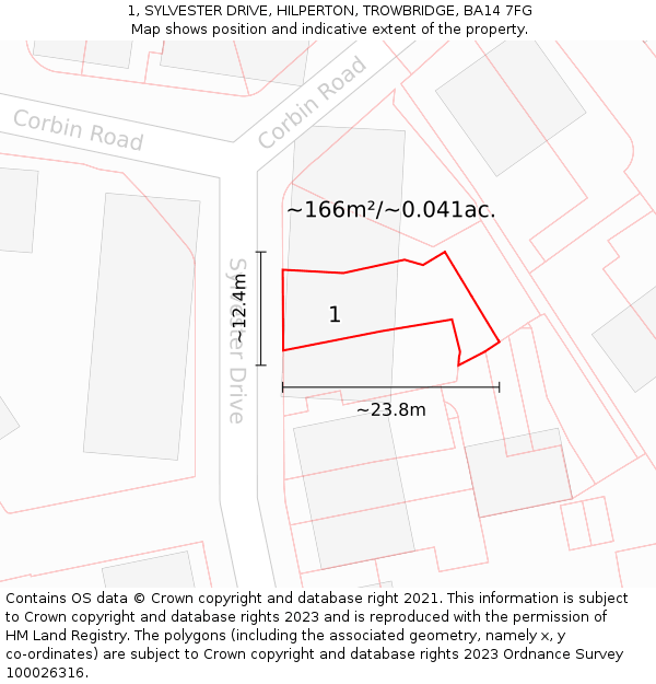 1, SYLVESTER DRIVE, HILPERTON, TROWBRIDGE, BA14 7FG: Plot and title map