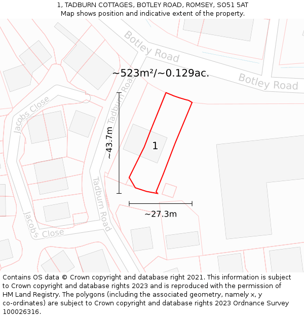 1, TADBURN COTTAGES, BOTLEY ROAD, ROMSEY, SO51 5AT: Plot and title map