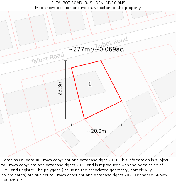 1, TALBOT ROAD, RUSHDEN, NN10 9NS: Plot and title map
