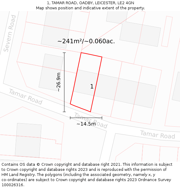 1, TAMAR ROAD, OADBY, LEICESTER, LE2 4GN: Plot and title map
