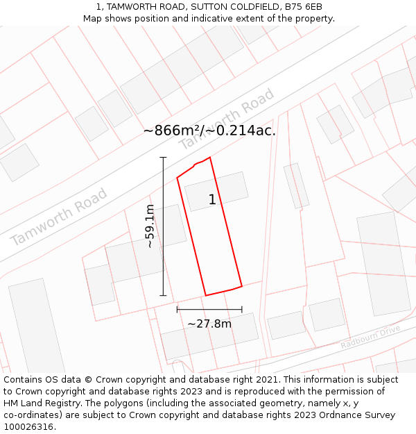1, TAMWORTH ROAD, SUTTON COLDFIELD, B75 6EB: Plot and title map