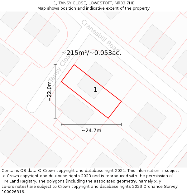 1, TANSY CLOSE, LOWESTOFT, NR33 7HE: Plot and title map