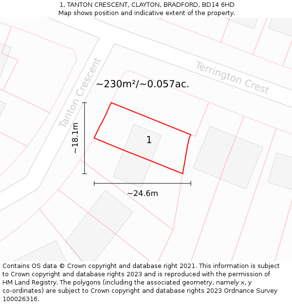 1, TANTON CRESCENT, CLAYTON, BRADFORD, BD14 6HD: Plot and title map