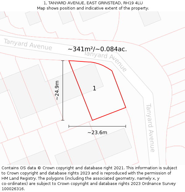 1, TANYARD AVENUE, EAST GRINSTEAD, RH19 4LU: Plot and title map