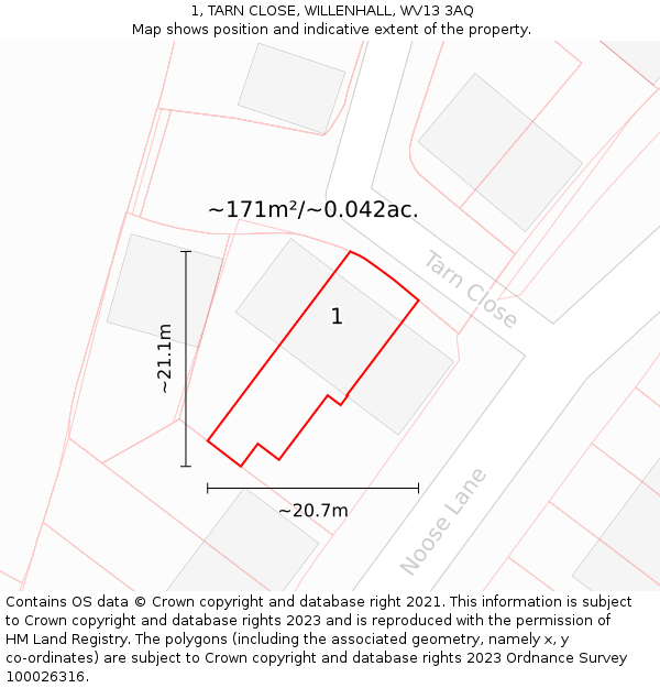 1, TARN CLOSE, WILLENHALL, WV13 3AQ: Plot and title map