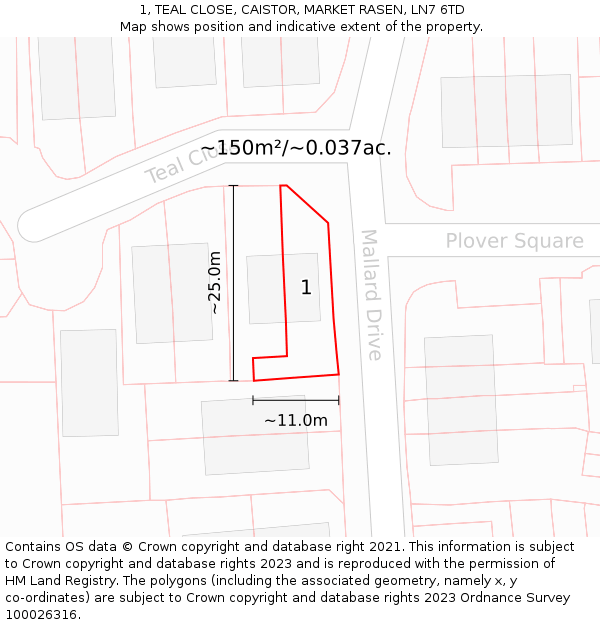 1, TEAL CLOSE, CAISTOR, MARKET RASEN, LN7 6TD: Plot and title map