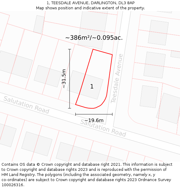 1, TEESDALE AVENUE, DARLINGTON, DL3 8AP: Plot and title map
