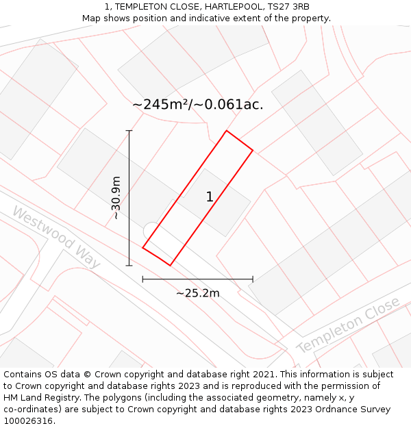 1, TEMPLETON CLOSE, HARTLEPOOL, TS27 3RB: Plot and title map