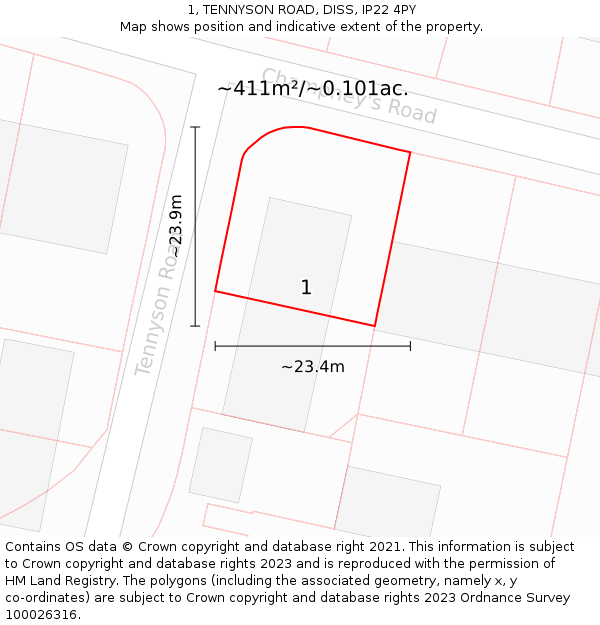 1, TENNYSON ROAD, DISS, IP22 4PY: Plot and title map