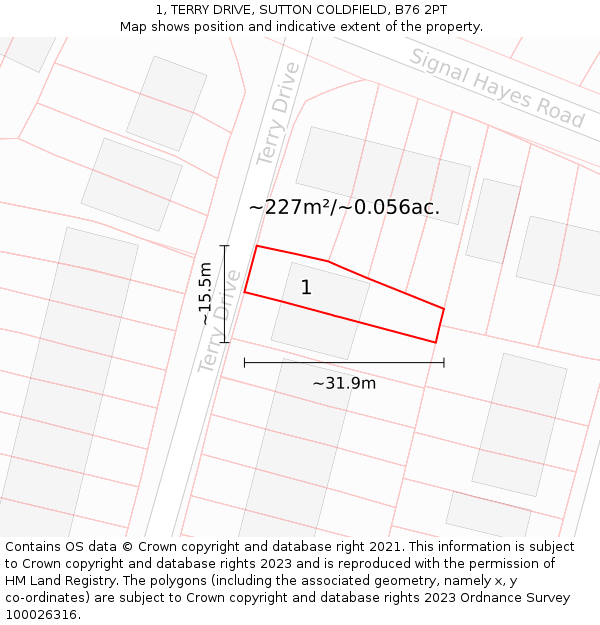 1, TERRY DRIVE, SUTTON COLDFIELD, B76 2PT: Plot and title map