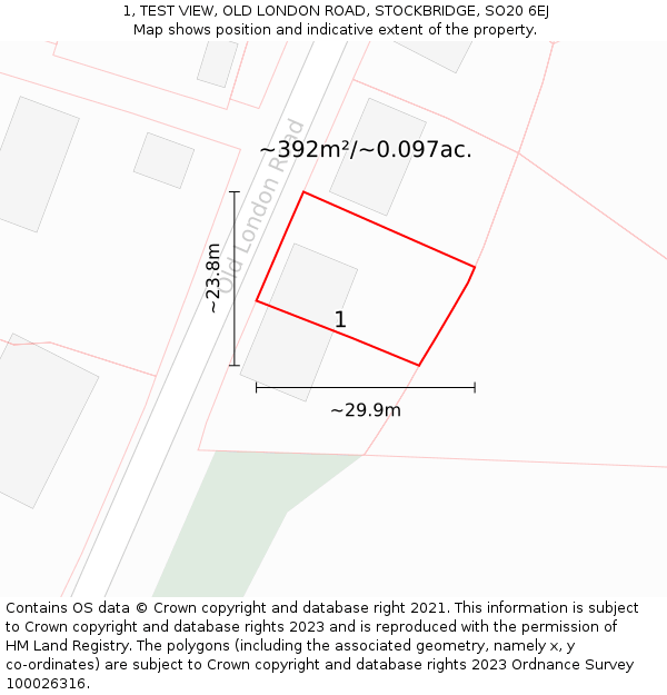 1, TEST VIEW, OLD LONDON ROAD, STOCKBRIDGE, SO20 6EJ: Plot and title map