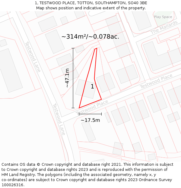 1, TESTWOOD PLACE, TOTTON, SOUTHAMPTON, SO40 3BE: Plot and title map