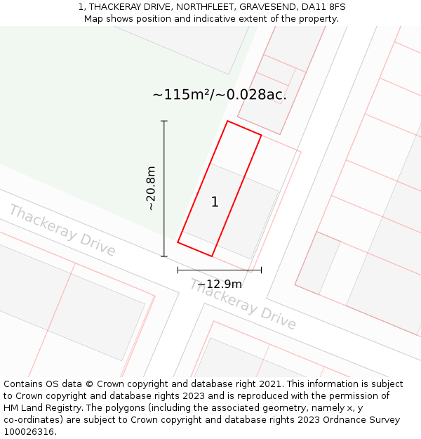 1, THACKERAY DRIVE, NORTHFLEET, GRAVESEND, DA11 8FS: Plot and title map