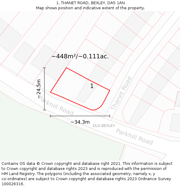 1, THANET ROAD, BEXLEY, DA5 1AN: Plot and title map