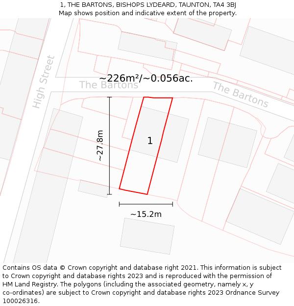 1, THE BARTONS, BISHOPS LYDEARD, TAUNTON, TA4 3BJ: Plot and title map