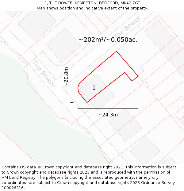 1, THE BOWER, KEMPSTON, BEDFORD, MK42 7GT: Plot and title map