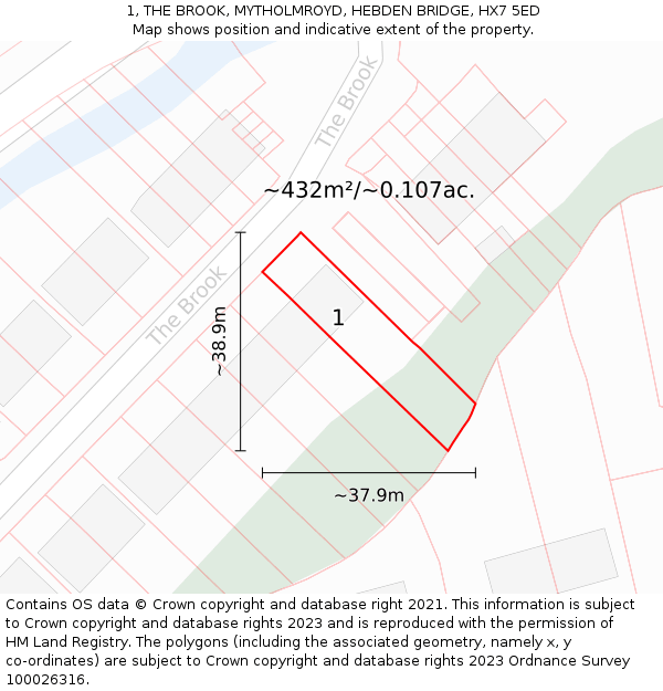 1, THE BROOK, MYTHOLMROYD, HEBDEN BRIDGE, HX7 5ED: Plot and title map