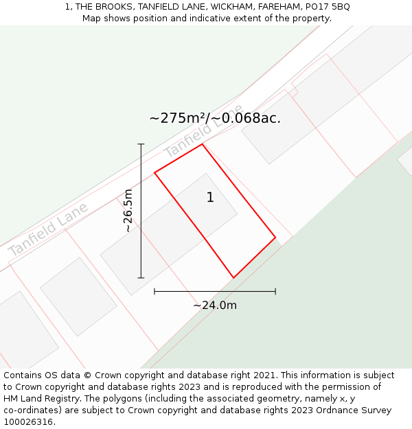 1, THE BROOKS, TANFIELD LANE, WICKHAM, FAREHAM, PO17 5BQ: Plot and title map