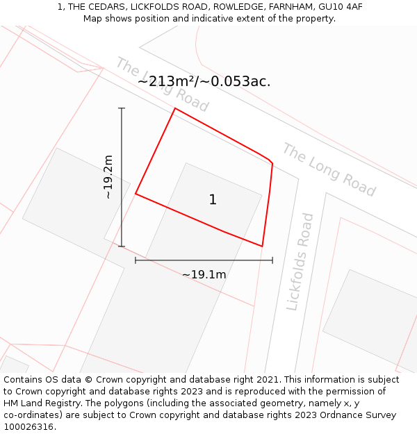 1, THE CEDARS, LICKFOLDS ROAD, ROWLEDGE, FARNHAM, GU10 4AF: Plot and title map
