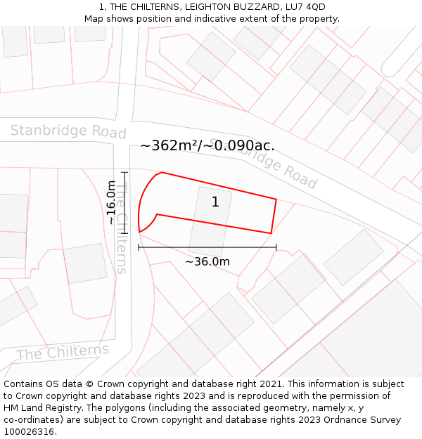 1, THE CHILTERNS, LEIGHTON BUZZARD, LU7 4QD: Plot and title map