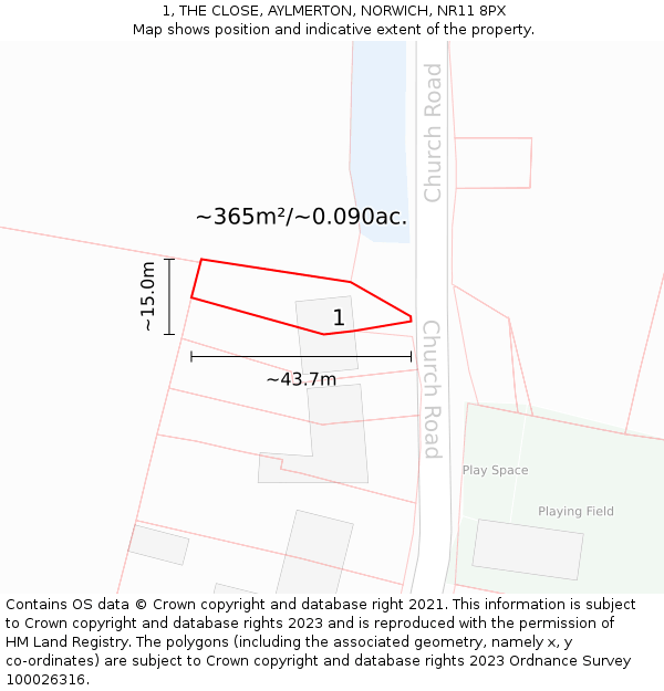 1, THE CLOSE, AYLMERTON, NORWICH, NR11 8PX: Plot and title map