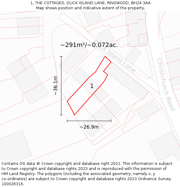 1, THE COTTAGES, DUCK ISLAND LANE, RINGWOOD, BH24 3AA: Plot and title map