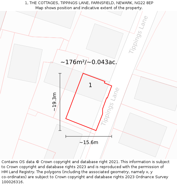 1, THE COTTAGES, TIPPINGS LANE, FARNSFIELD, NEWARK, NG22 8EP: Plot and title map
