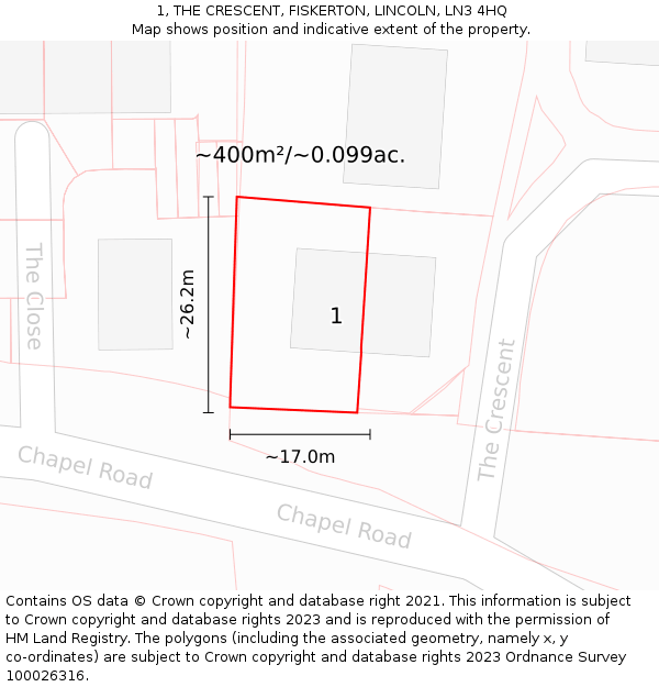 1, THE CRESCENT, FISKERTON, LINCOLN, LN3 4HQ: Plot and title map